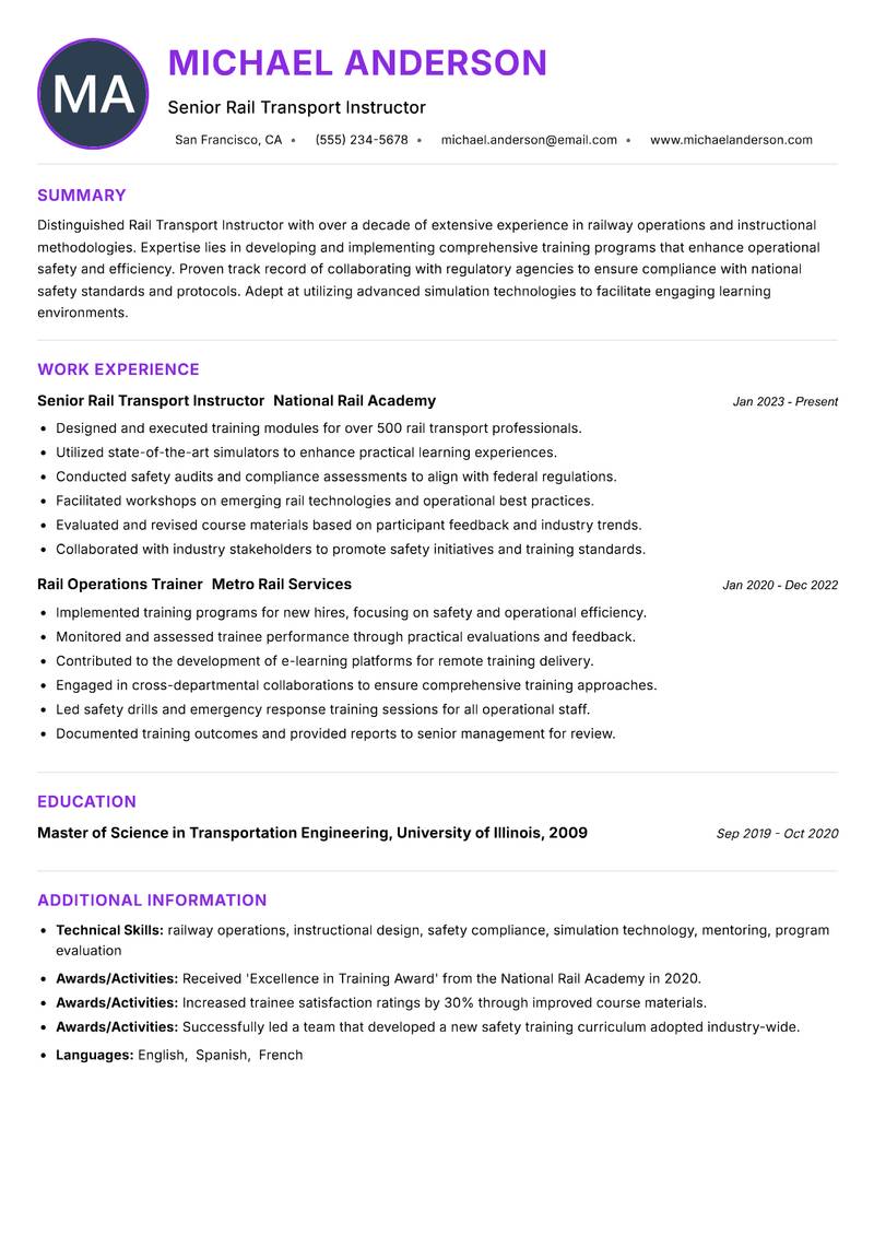 Rail Transport Instructor resume example — ATS-friendly template