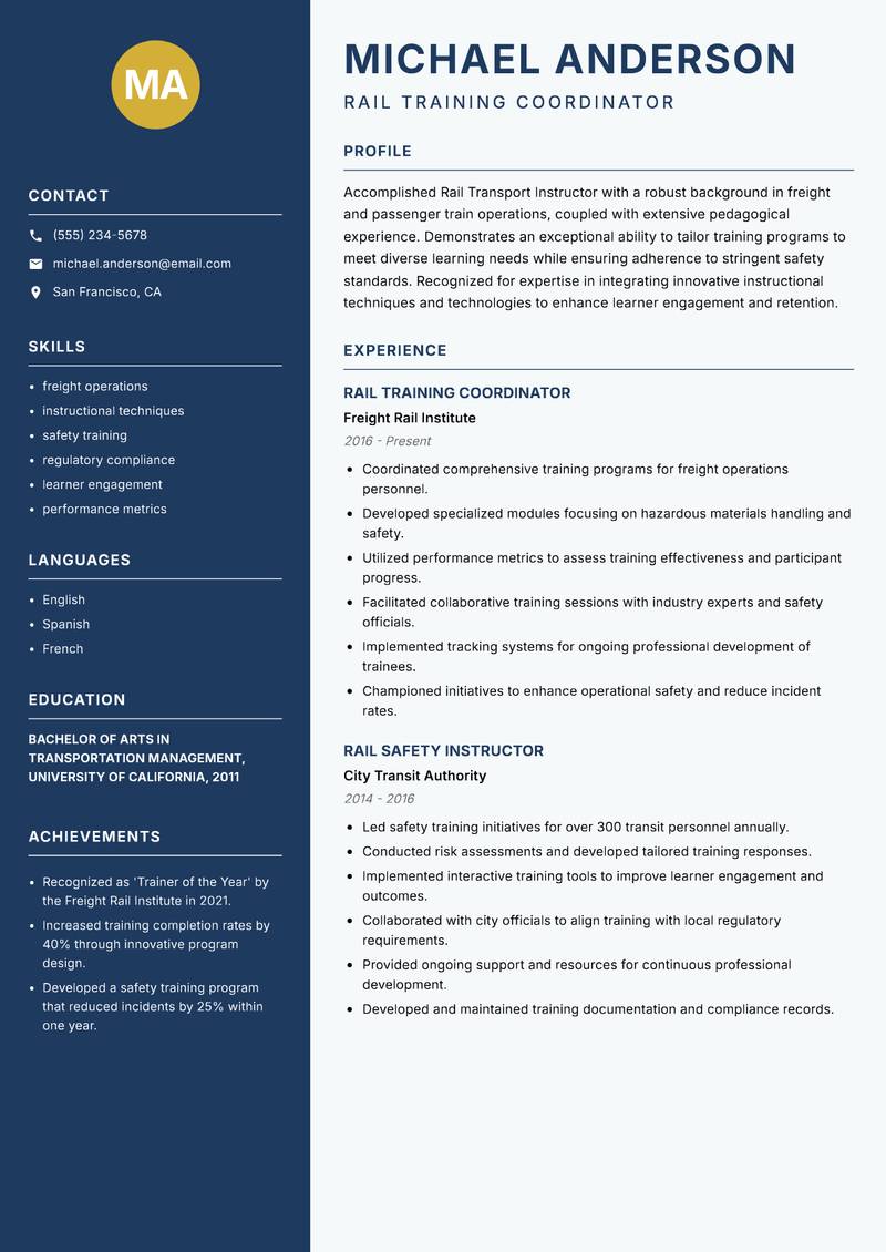 Rail Transport Instructor resume template — Classic Clean