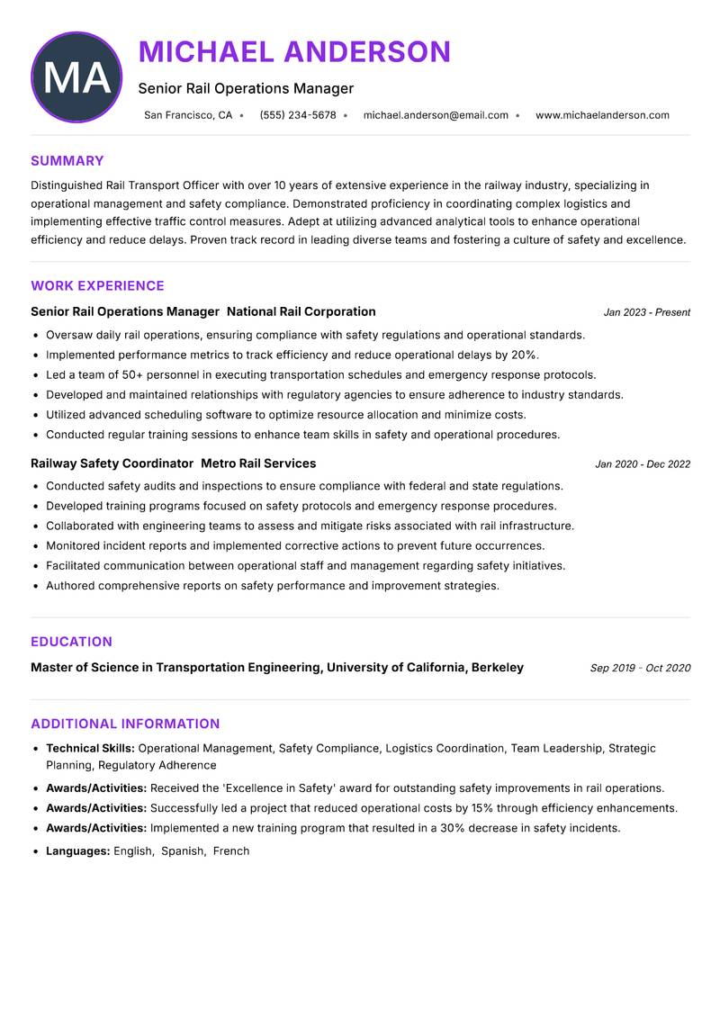 Rail Transport Officer resume example — ATS-friendly template