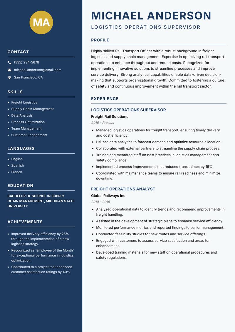 Rail Transport Officer resume template — Classic Clean