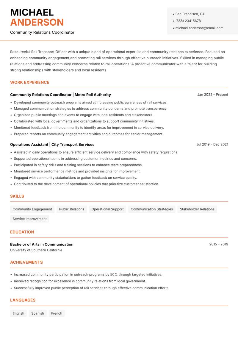 Rail Transport Officer resume template — Modern Professional