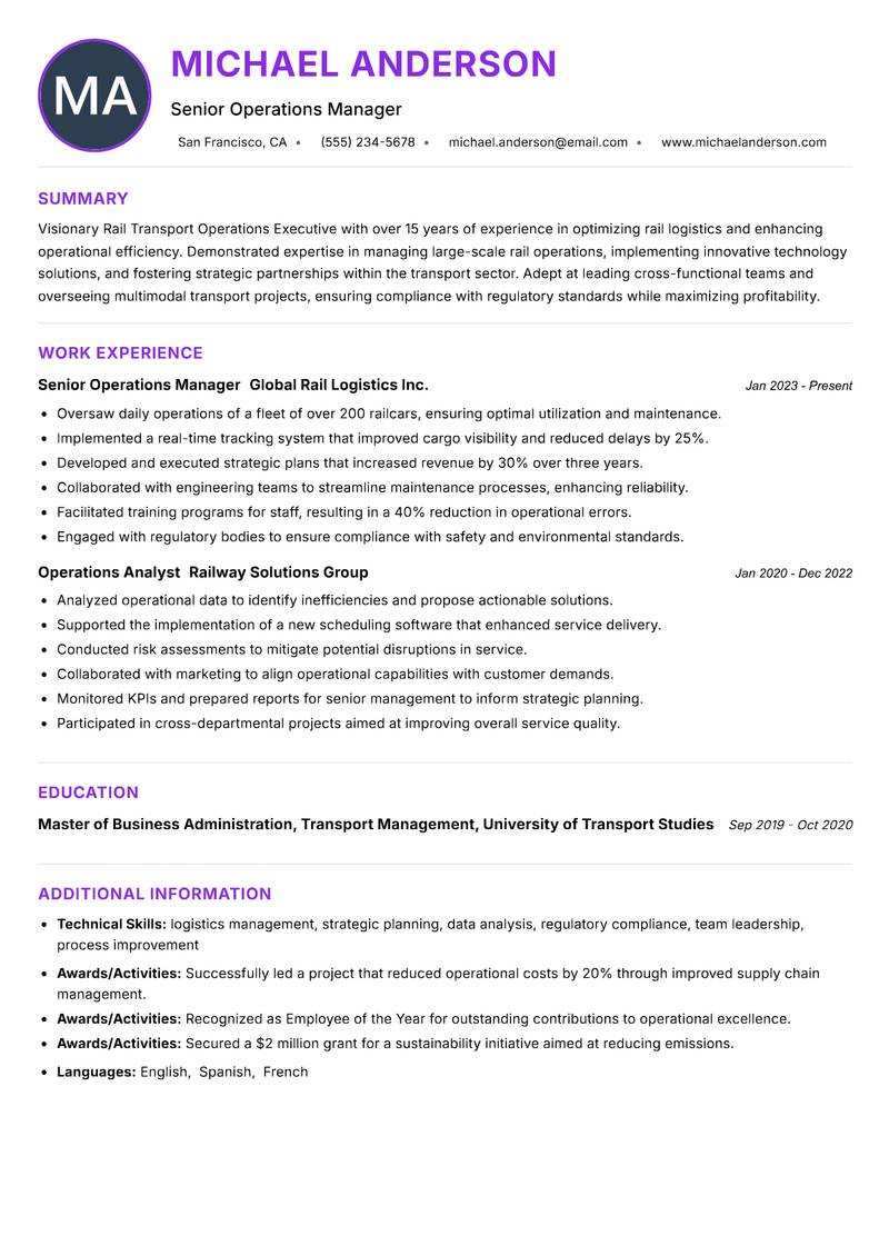 Rail Transport Operations Executive resume example — ATS-friendly template