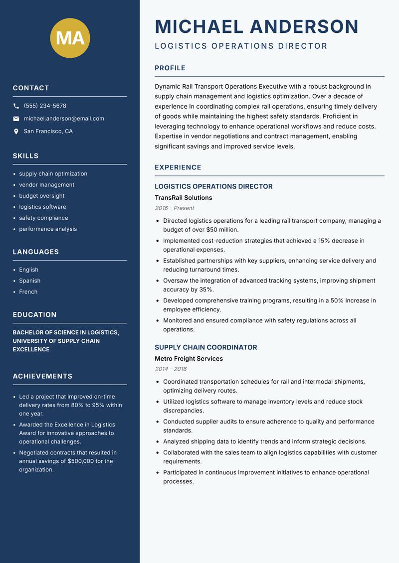 Rail Transport Operations Executive resume template — Classic Clean