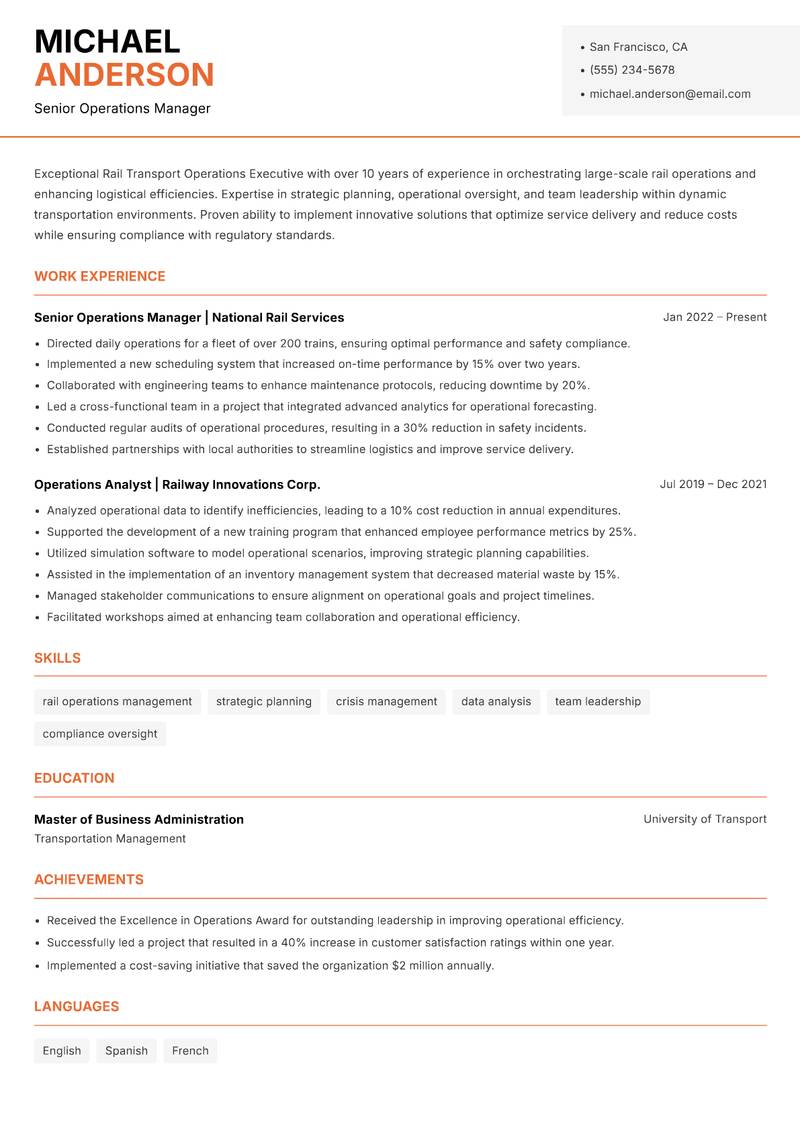 Rail Transport Operations Executive resume template — Modern Professional