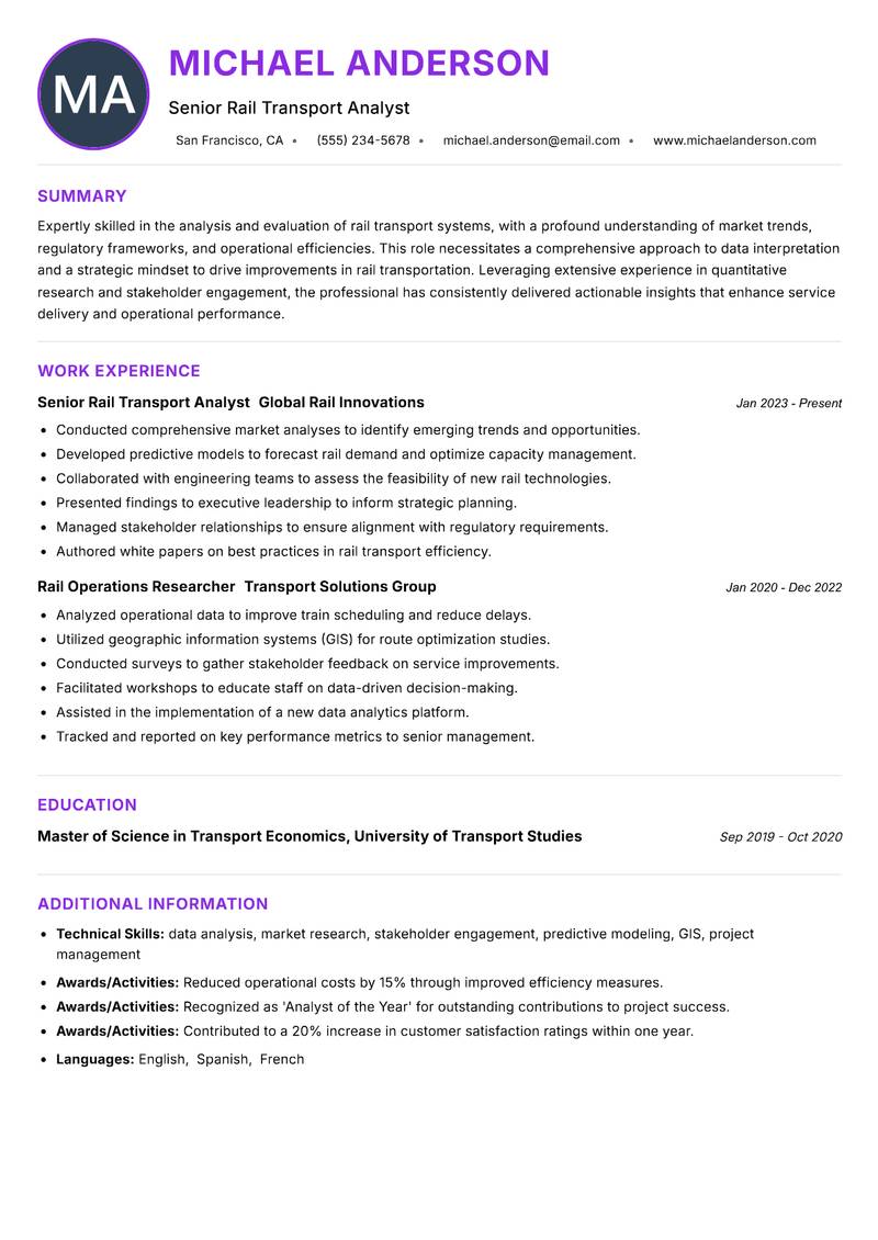 Rail Transport Research Analyst resume example — ATS-friendly template