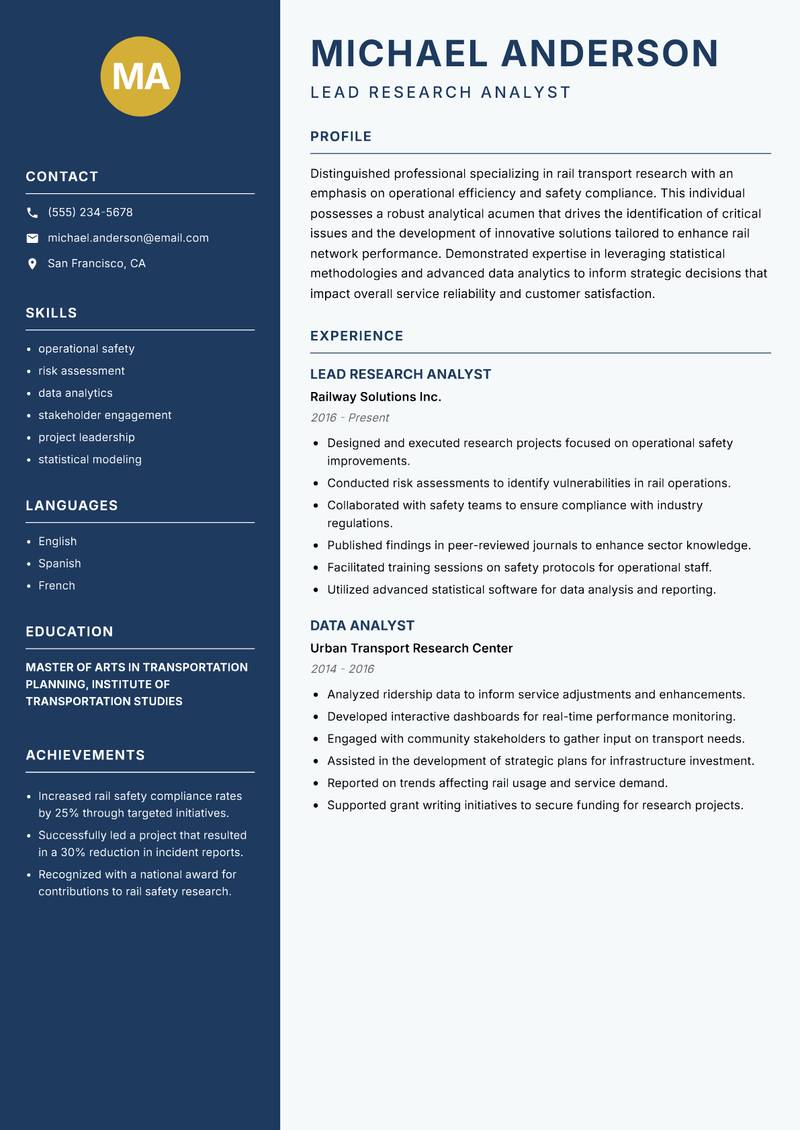 Rail Transport Research Analyst resume template — Classic Clean
