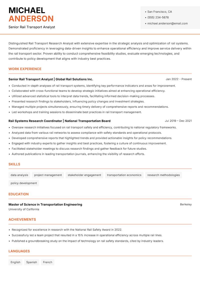 Rail Transport Research Analyst resume template — Modern Professional