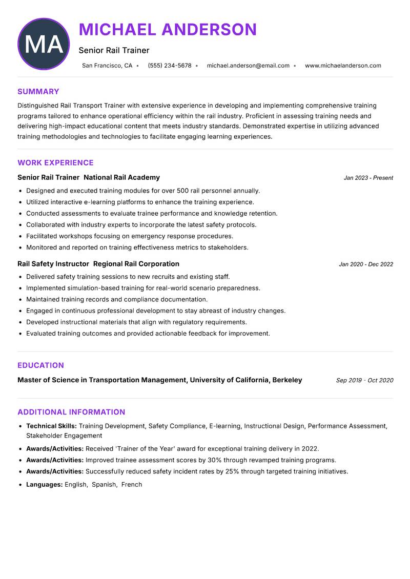 Rail Transport Trainer resume example — ATS-friendly template