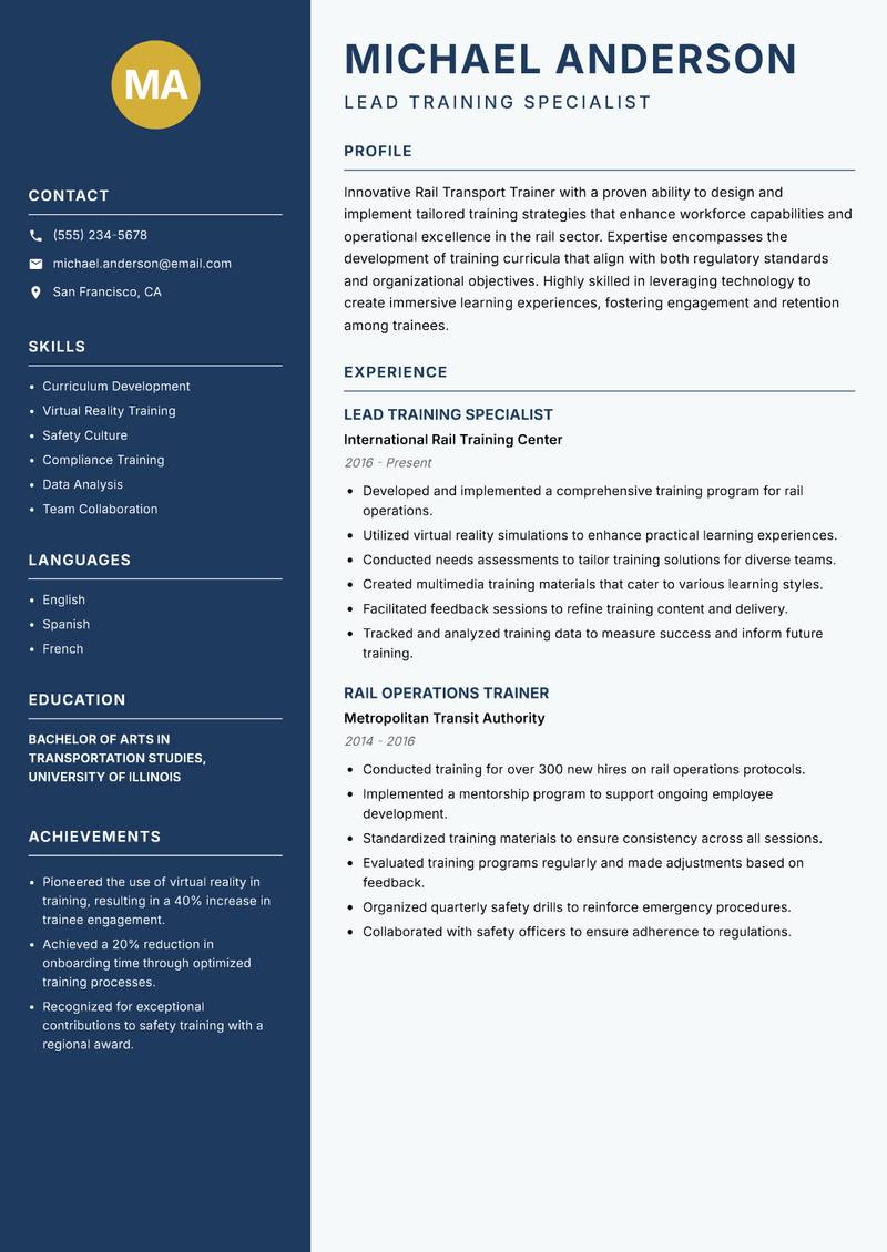 Rail Transport Trainer resume template — Classic Clean