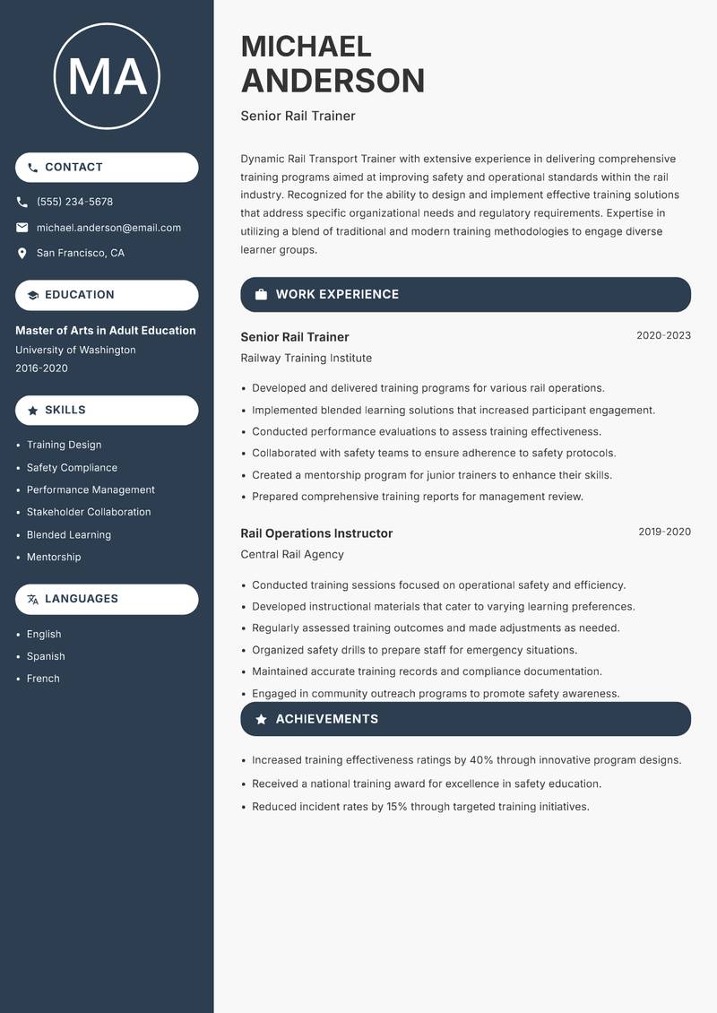 Rail Transport Trainer resume template — Compact