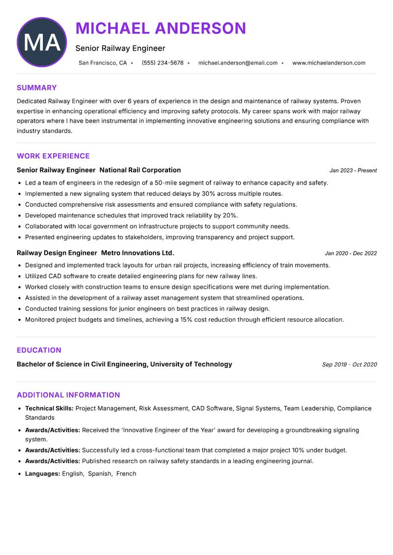 Railway Engineer resume example — ATS-friendly template