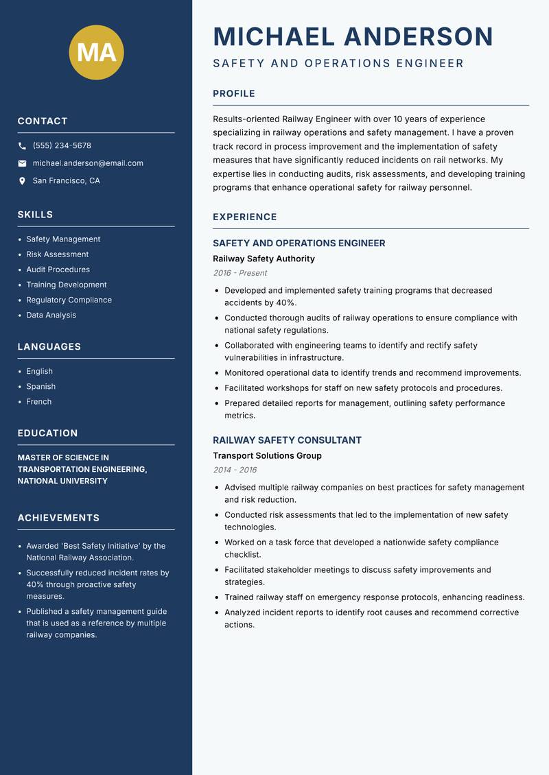 Railway Engineer resume template — Classic Clean