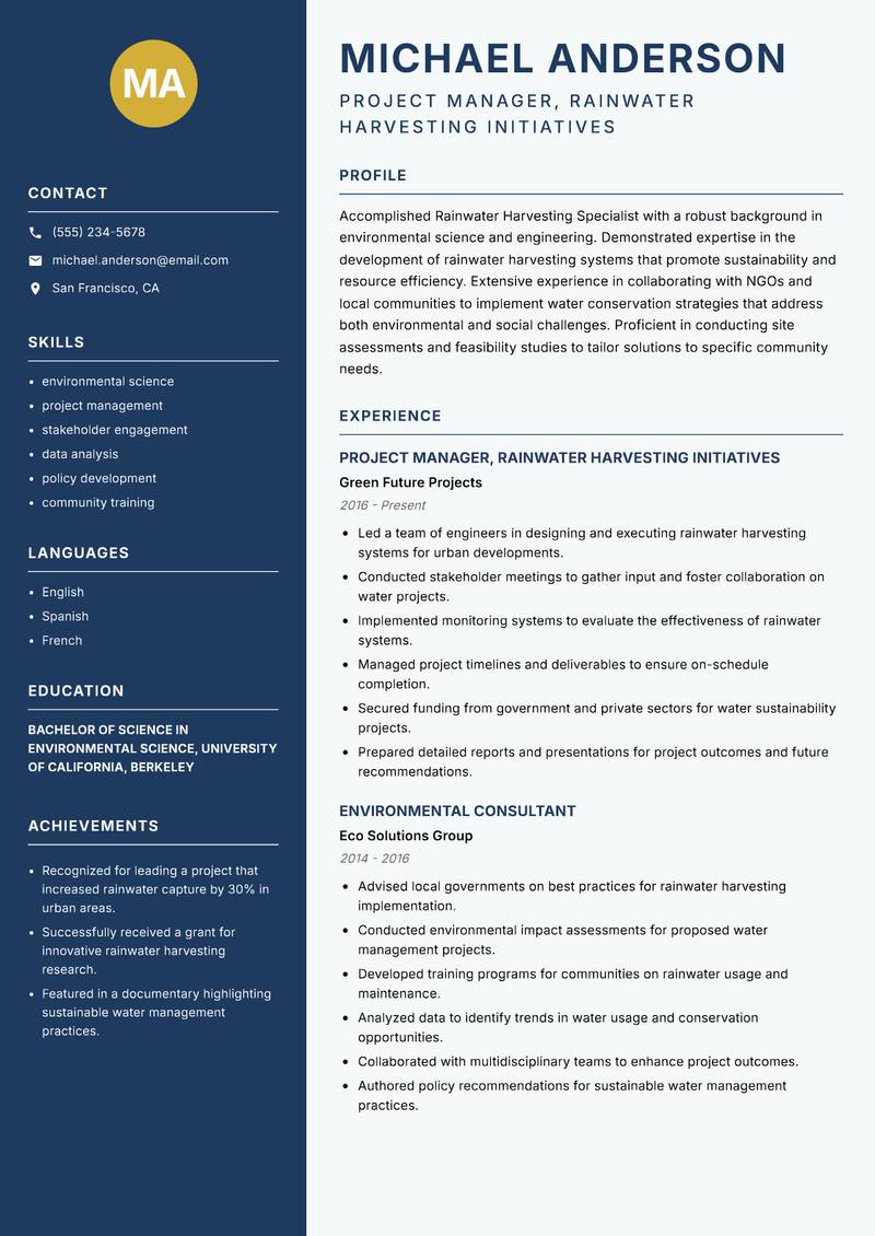 Rainwater Harvesting Specialist resume template — Classic Clean