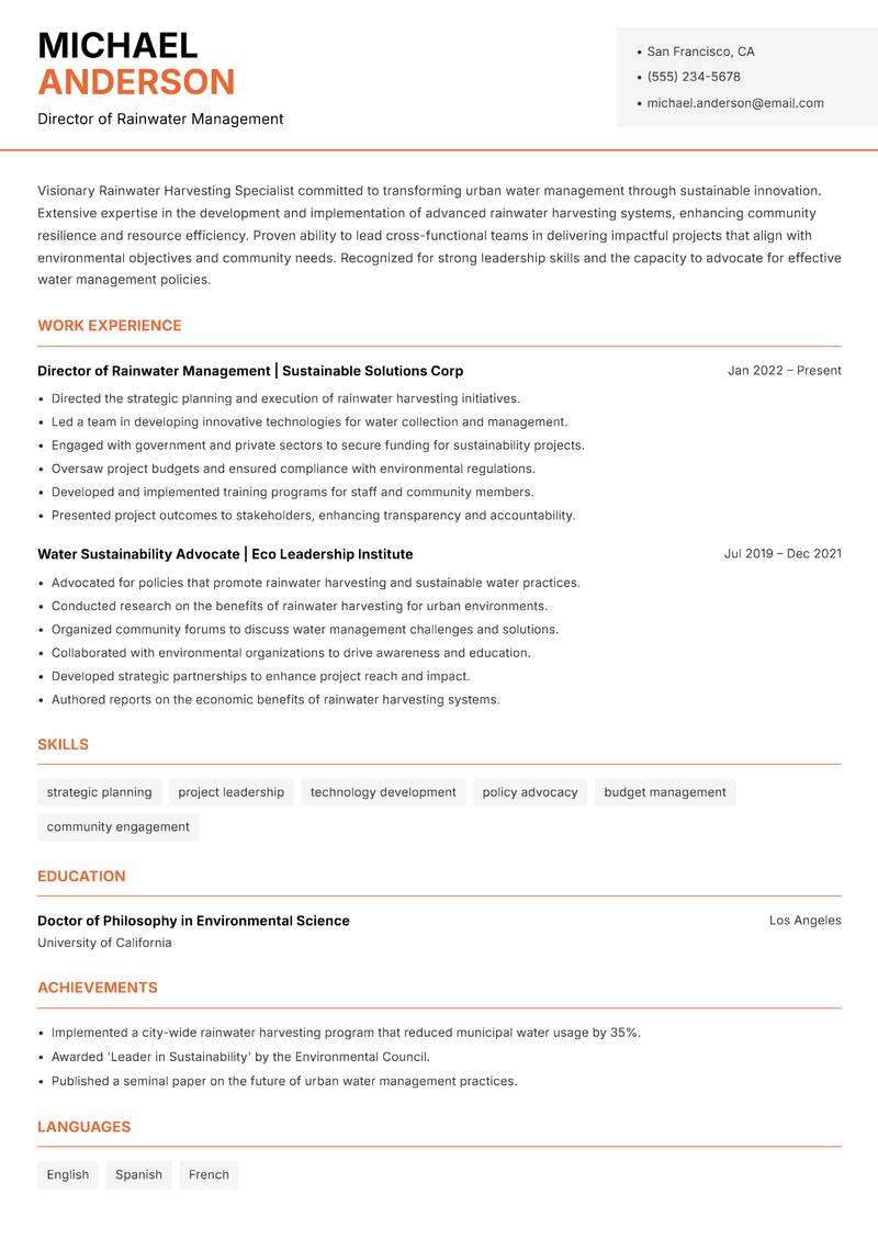 Rainwater Harvesting Specialist resume template — Modern Professional