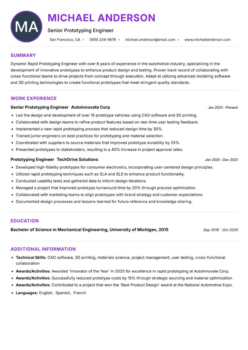 Rapid Prototyping Engineer resume example — ATS-friendly template