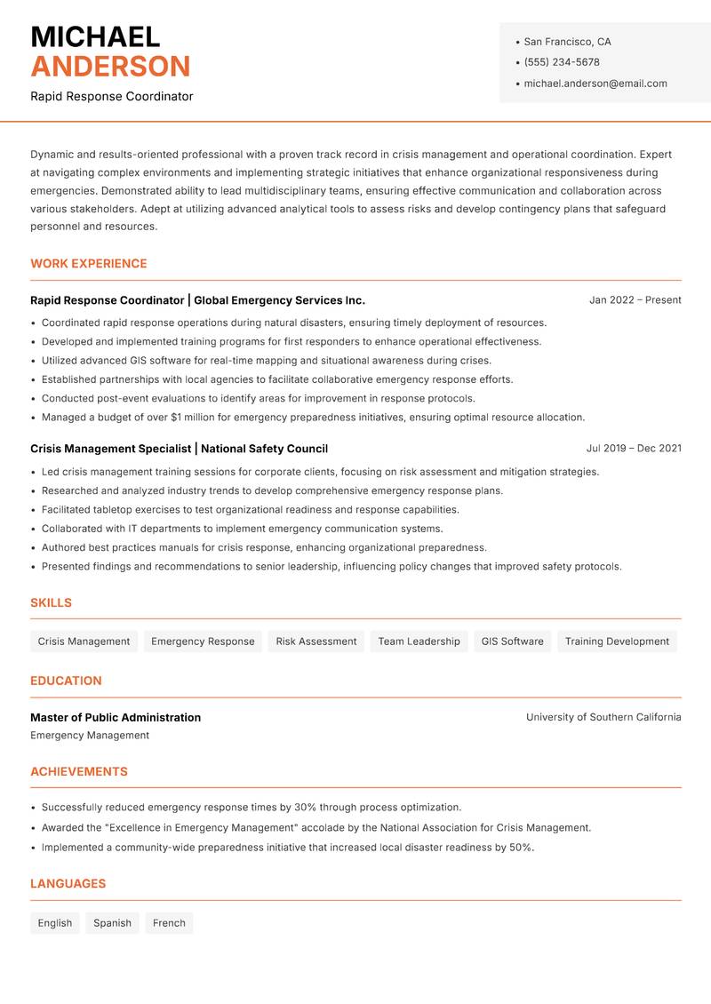 Rapid Response Coordinator resume template — Modern Professional