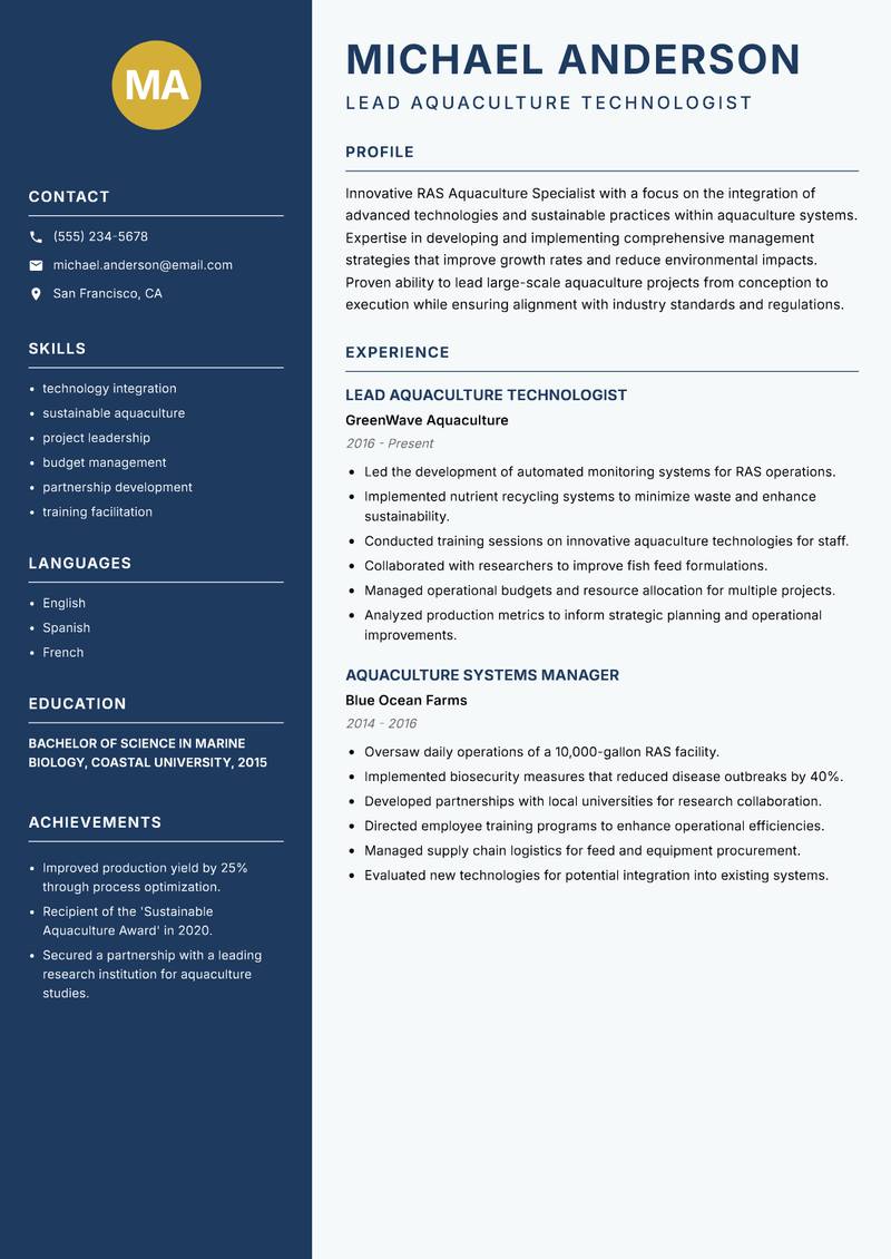 RAS Aquaculture Specialist resume template — Classic Clean