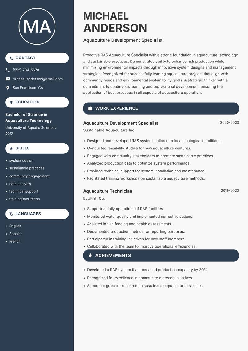 RAS Aquaculture Specialist resume template — Compact