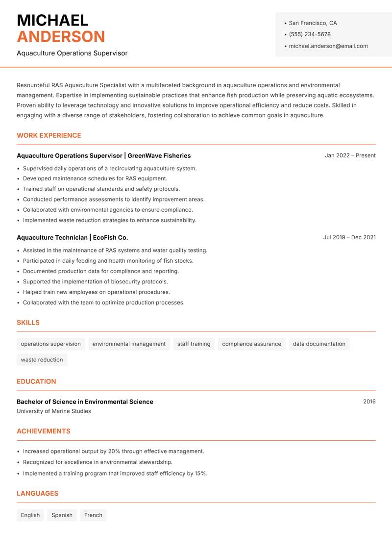 RAS Aquaculture Specialist resume template — Modern Professional