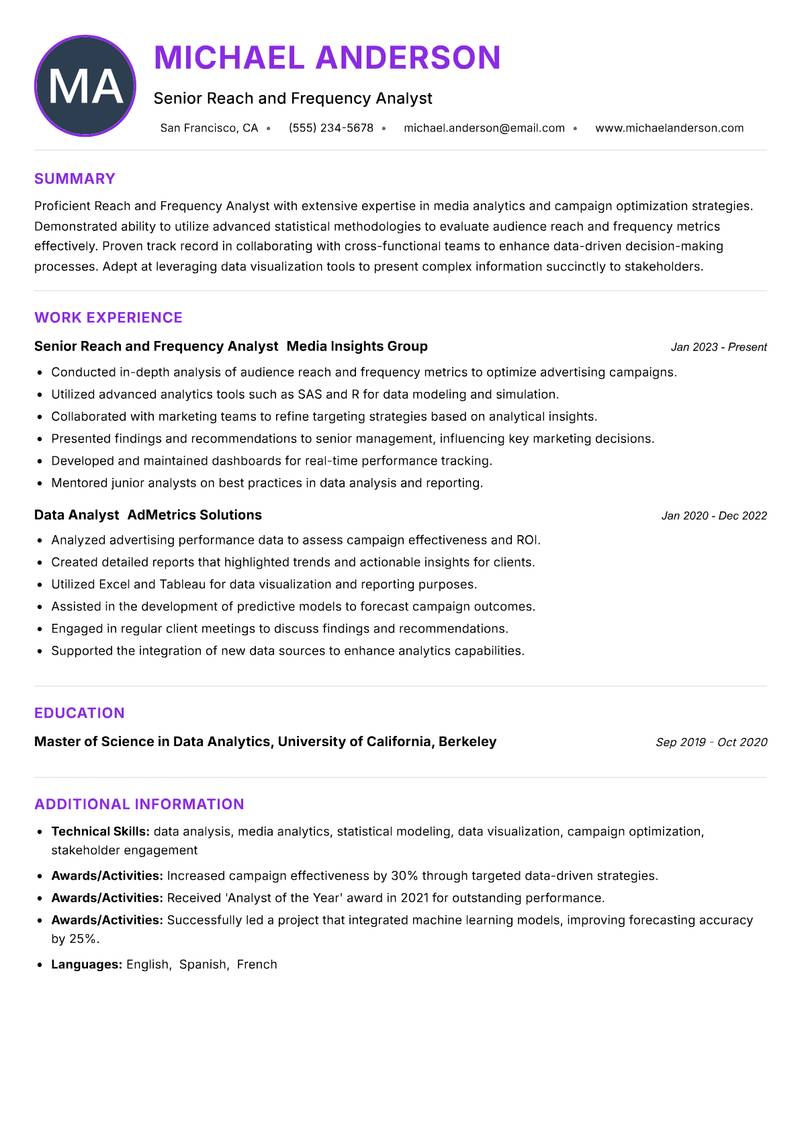 Reach and Frequency Analyst resume example — ATS-friendly template
