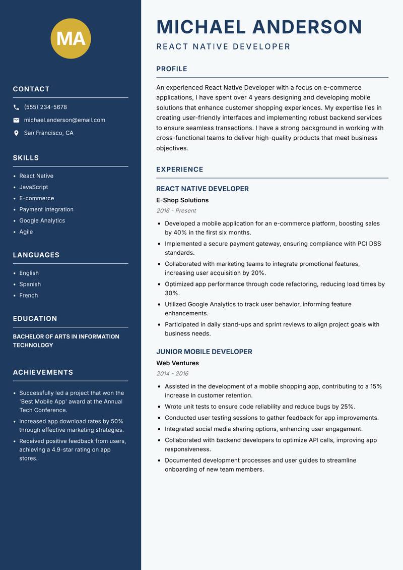 React Native Developer resume template — Classic Clean