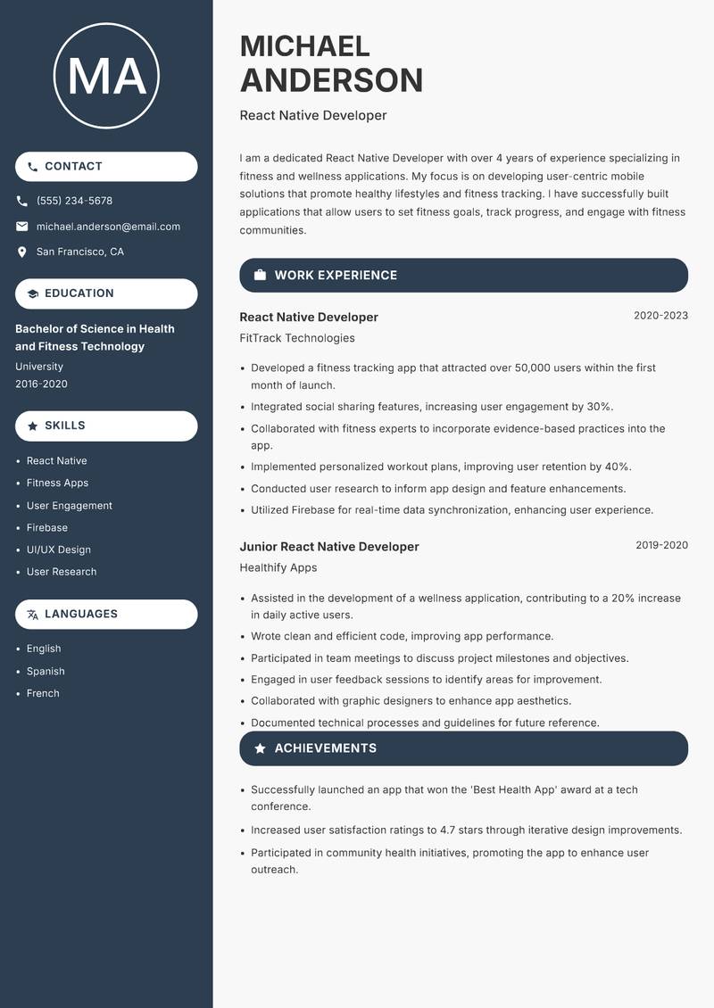React Native Developer resume template — Compact