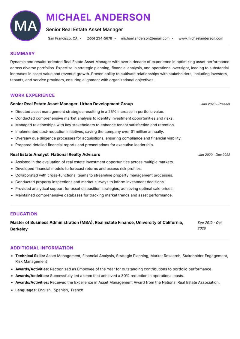 Real Estate Asset Manager resume example — ATS-friendly template
