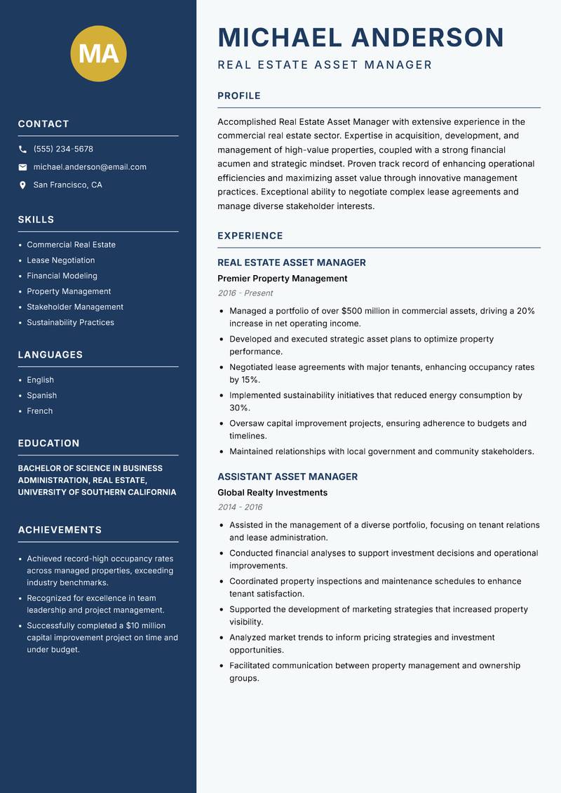 Real Estate Asset Manager resume template — Classic Clean