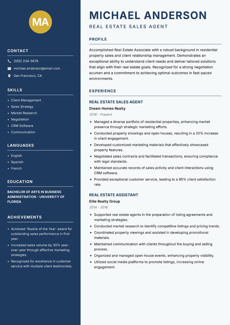 Real Estate Associate resume template — Classic Clean