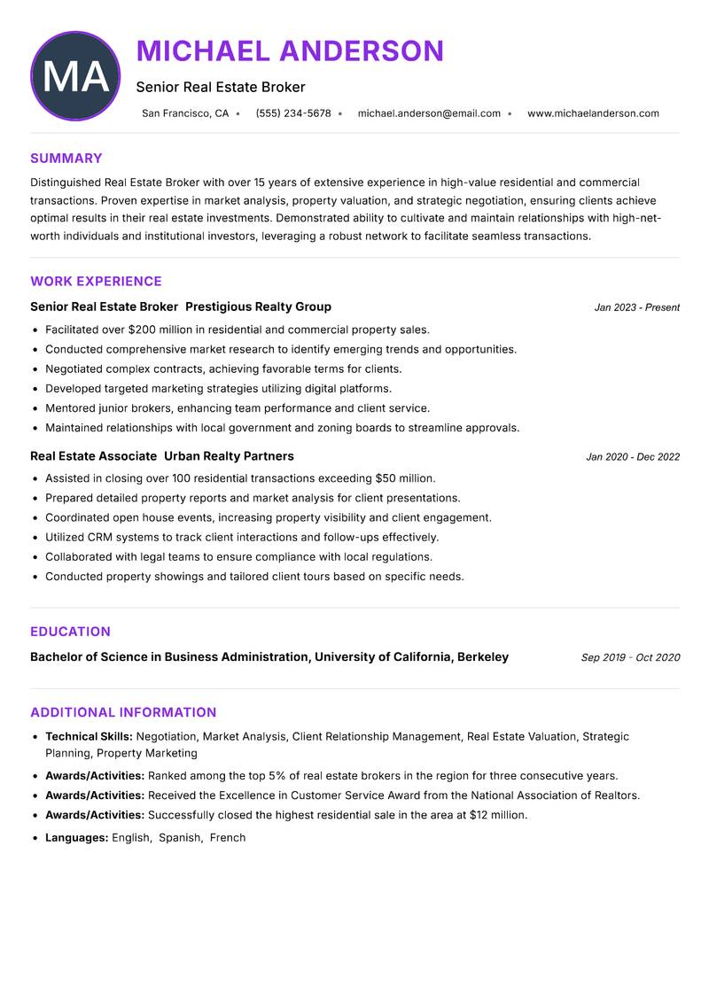 Real Estate Broker resume example — ATS-friendly template