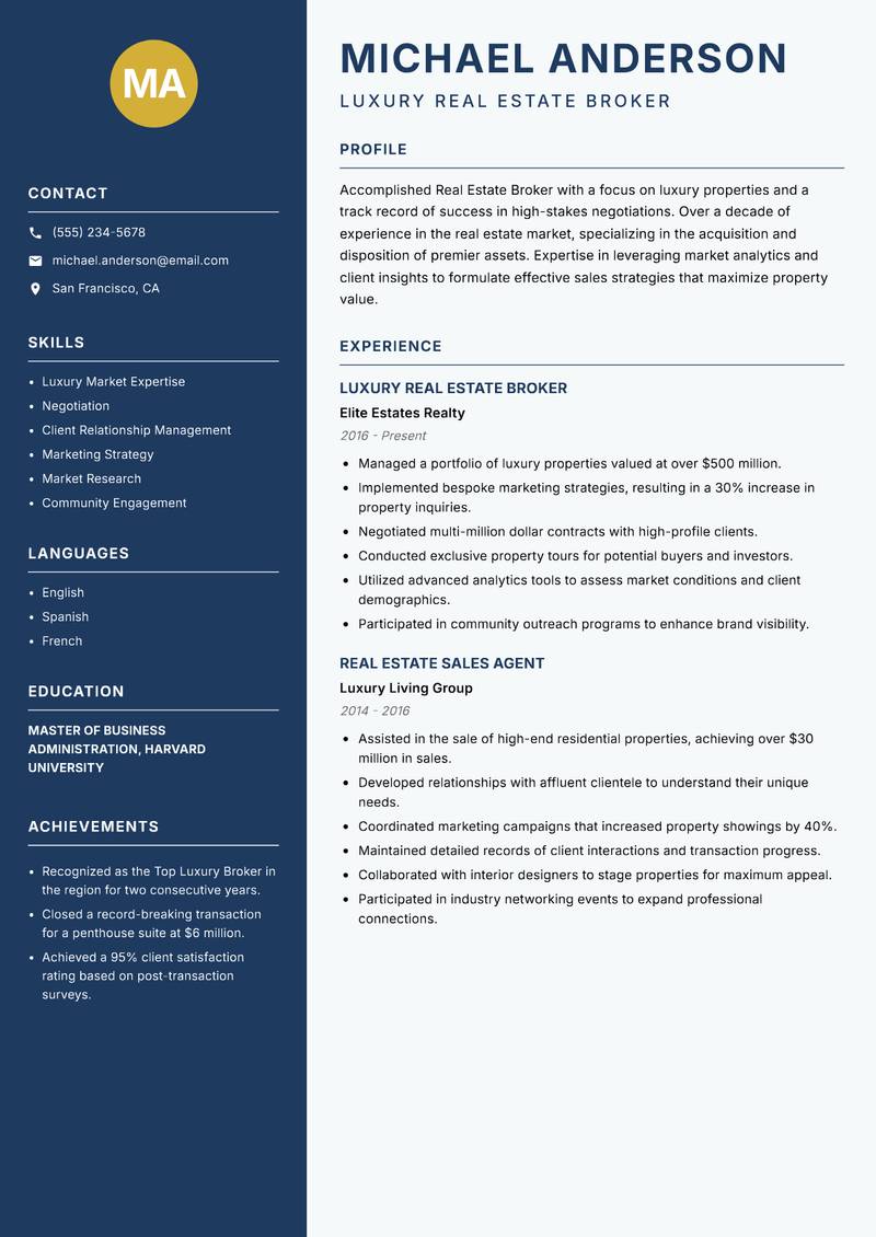 Real Estate Broker resume template — Classic Clean