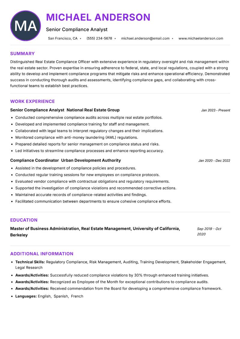 Real Estate Compliance Officer resume example — ATS-friendly template