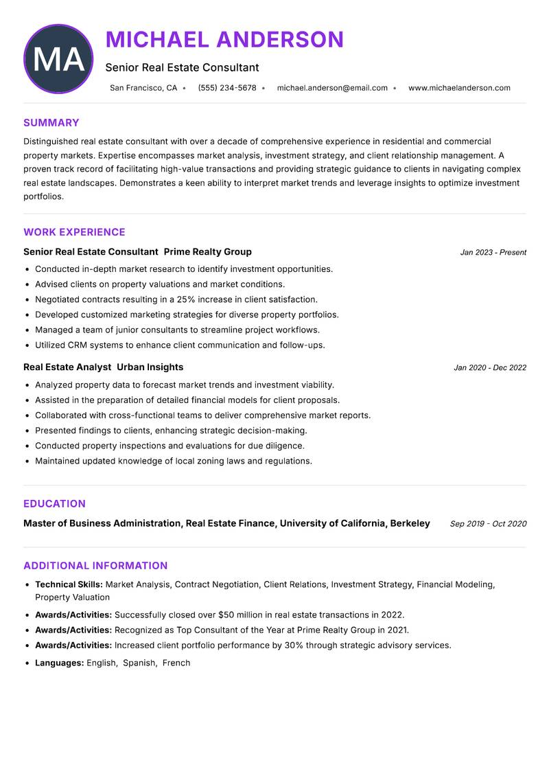 Real Estate Consultant resume example — ATS-friendly template