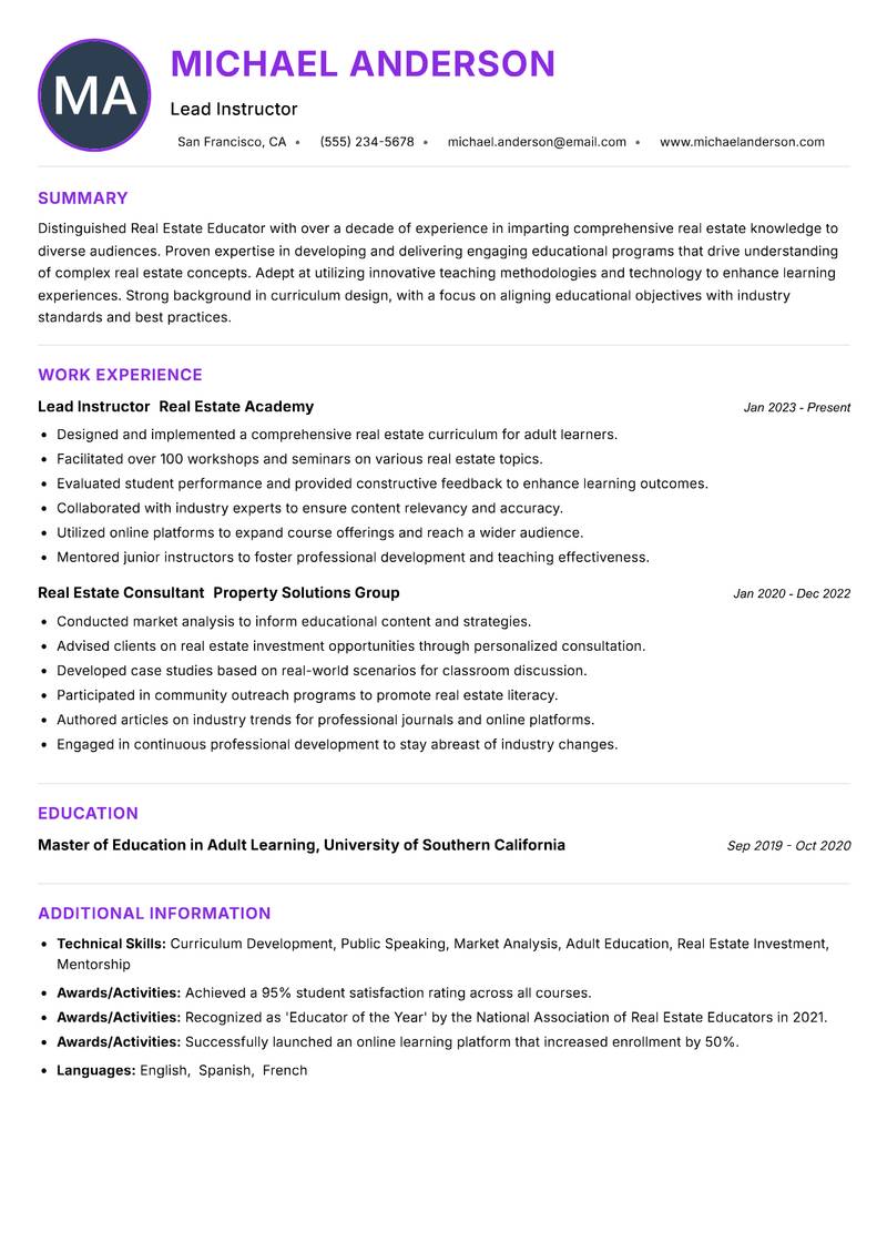 Real Estate Educator resume example — ATS-friendly template