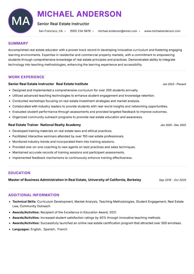 Real Estate Instructor resume example — ATS-friendly template