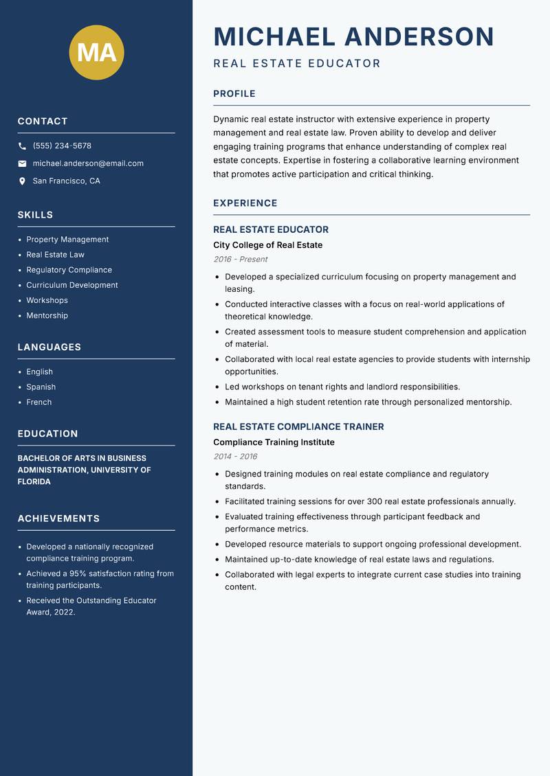 Real Estate Instructor resume template — Classic Clean