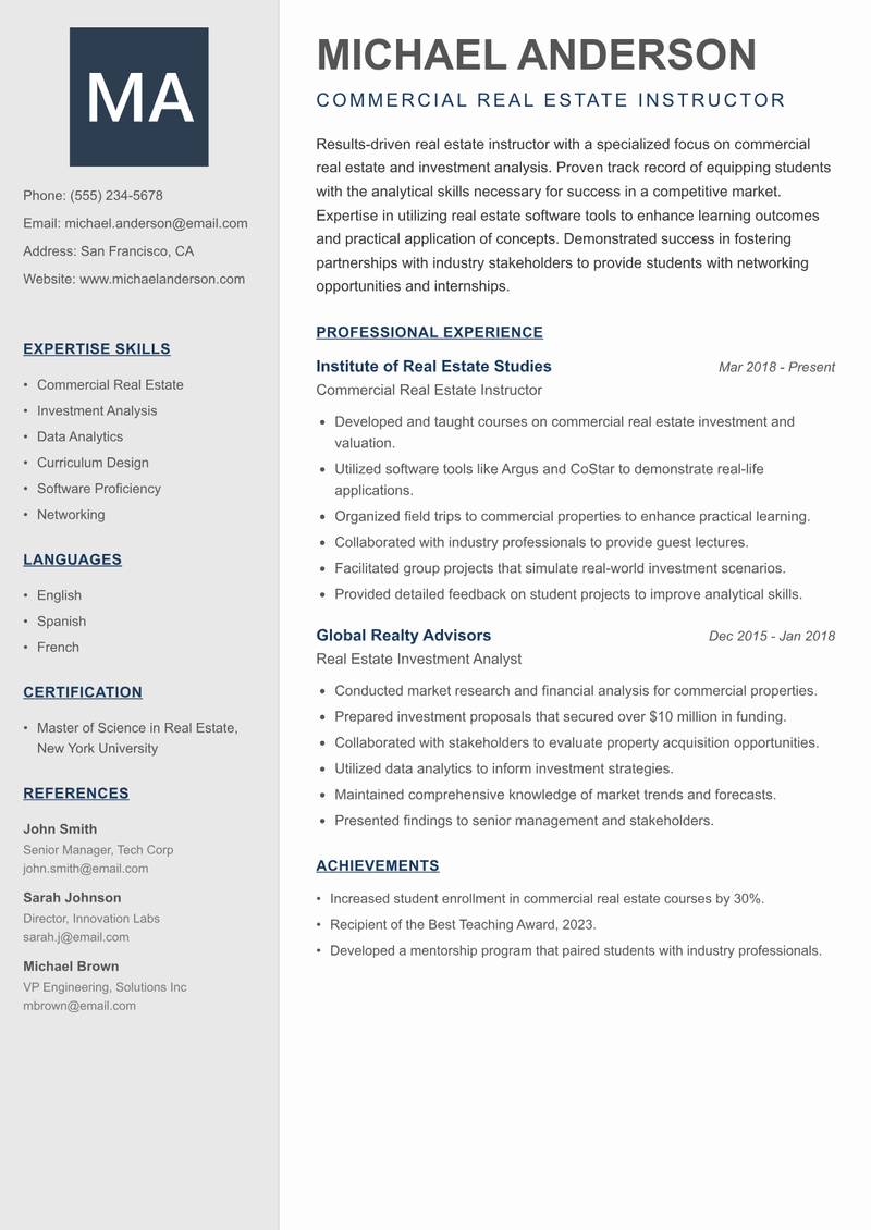 Real Estate Instructor resume template — Creative Minimal