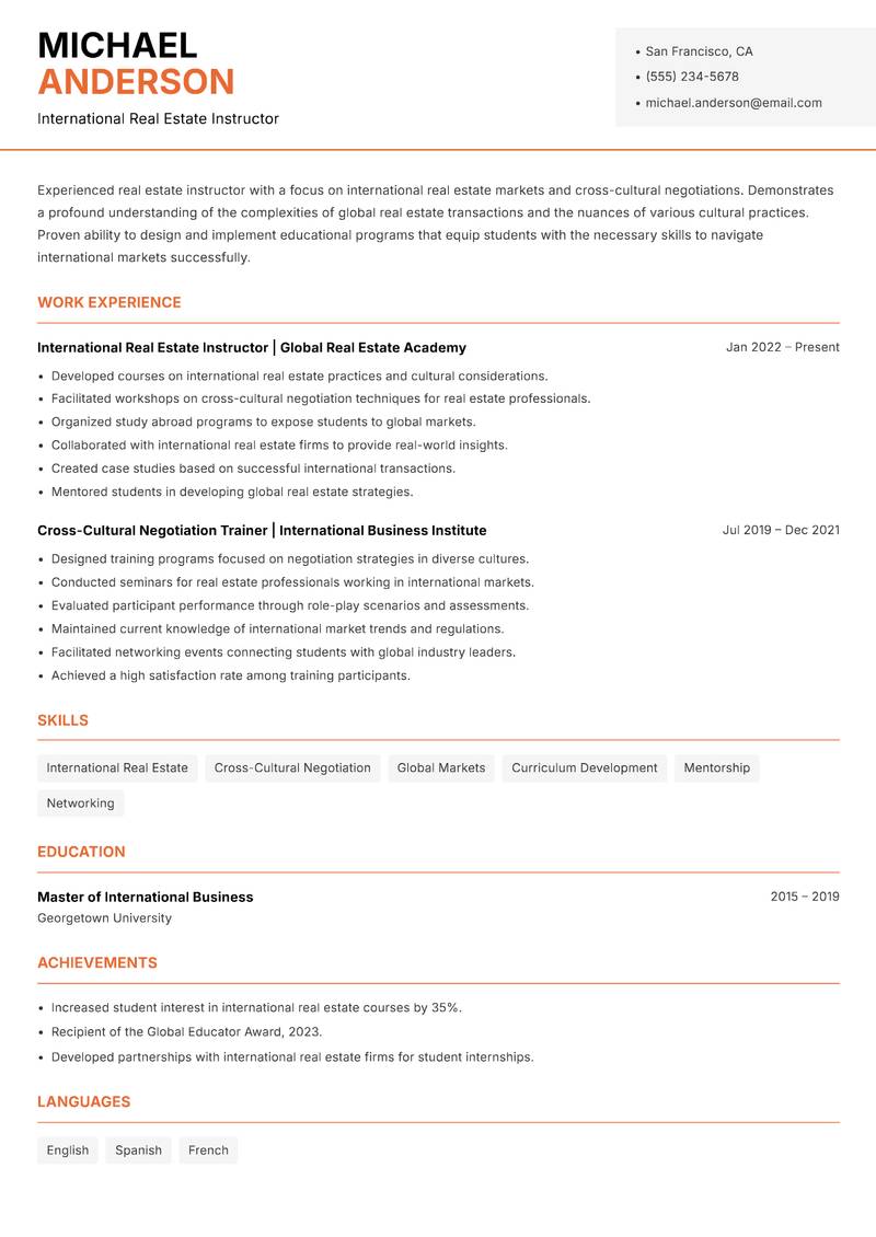 Real Estate Instructor resume template — Modern Professional