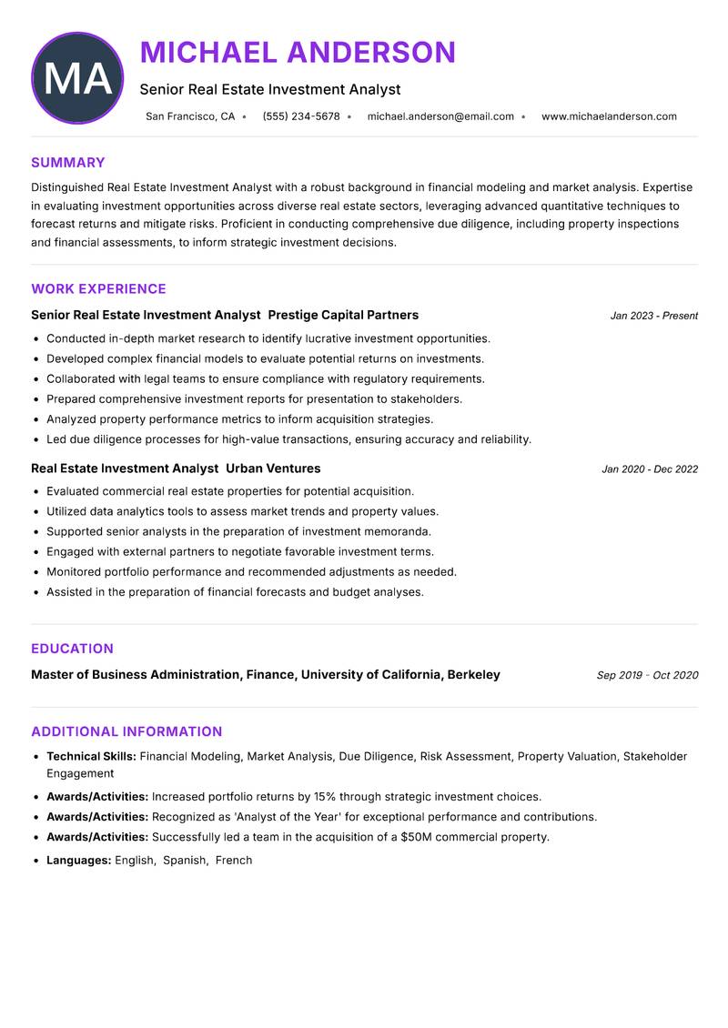 Real Estate Investment Analyst resume example — ATS-friendly template
