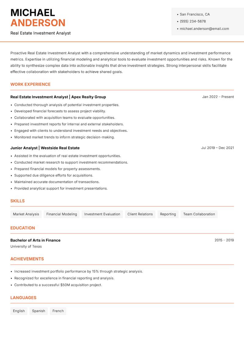 Real Estate Investment Analyst resume template — Modern Professional