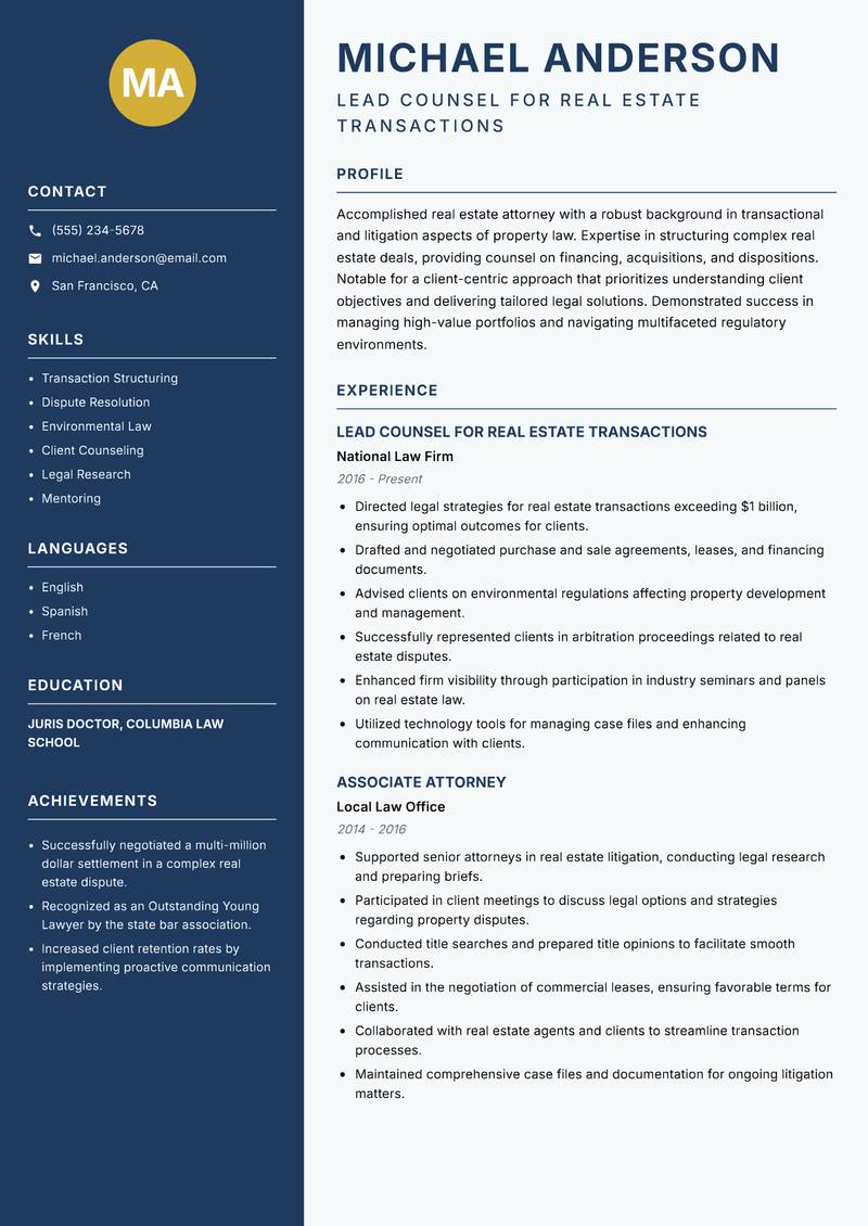 Real Estate Lawyer resume template — Classic Clean