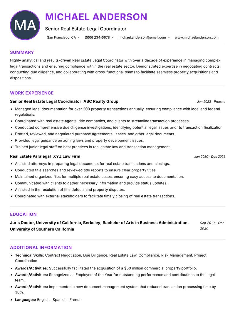 Real Estate Legal Coordinator resume example — ATS-friendly template