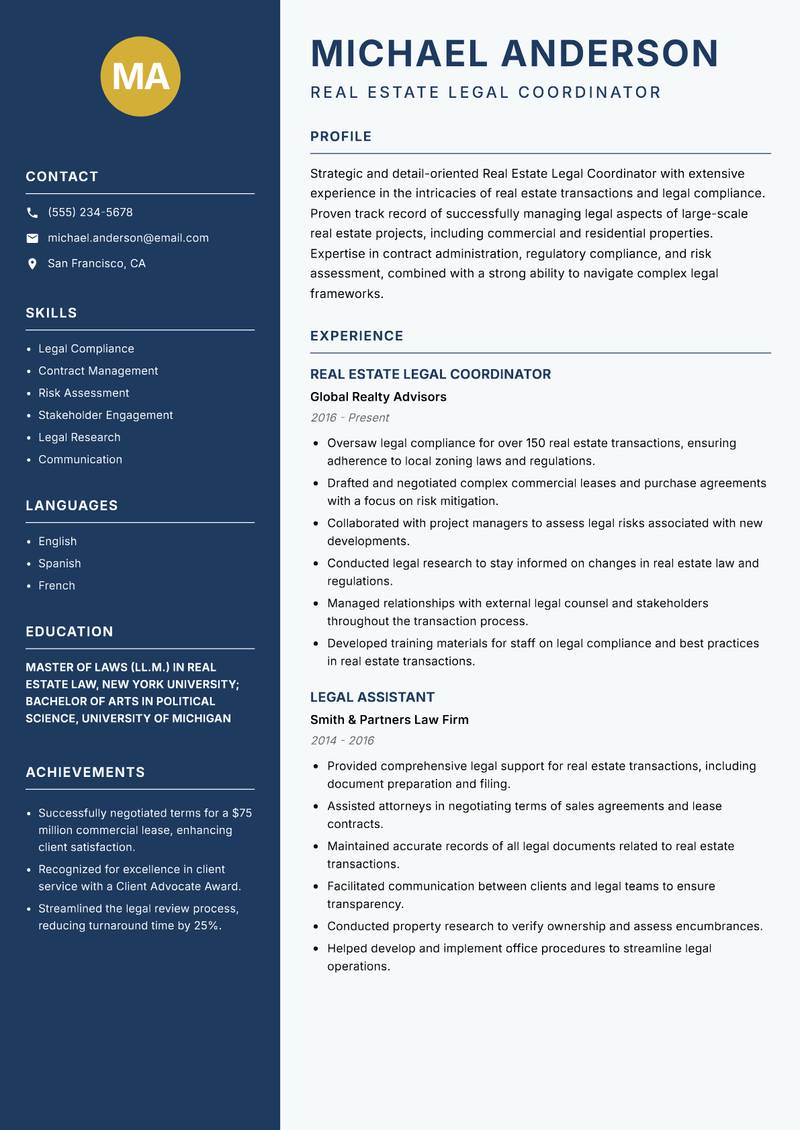 Real Estate Legal Coordinator resume template — Classic Clean