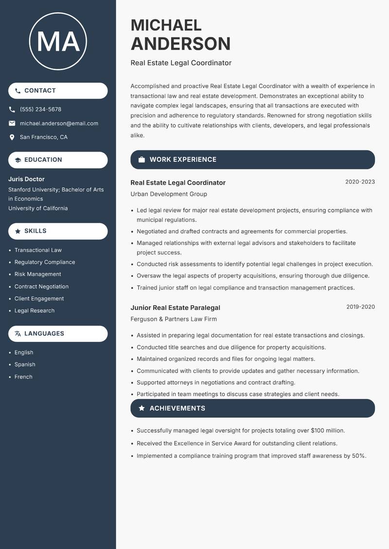 Real Estate Legal Coordinator resume template — Compact