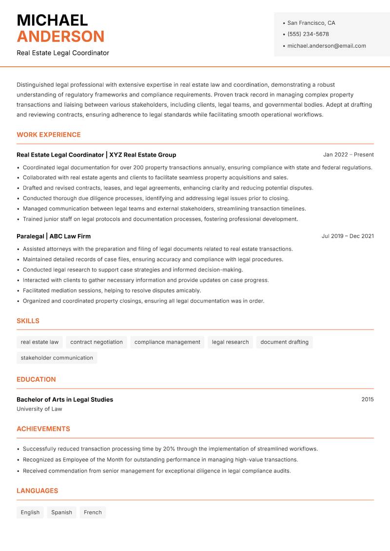 Real Estate Legal Coordinator resume template — Modern Professional