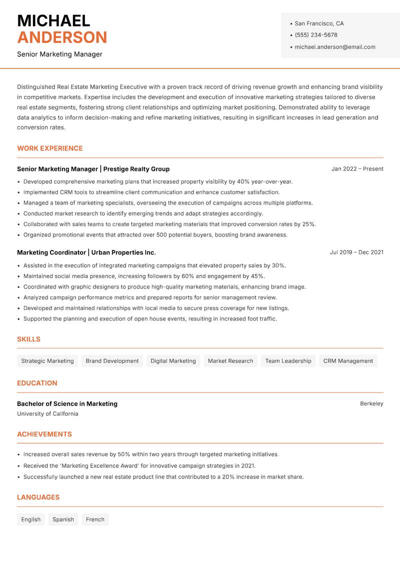 Real Estate Marketing Executive resume template — Modern Professional