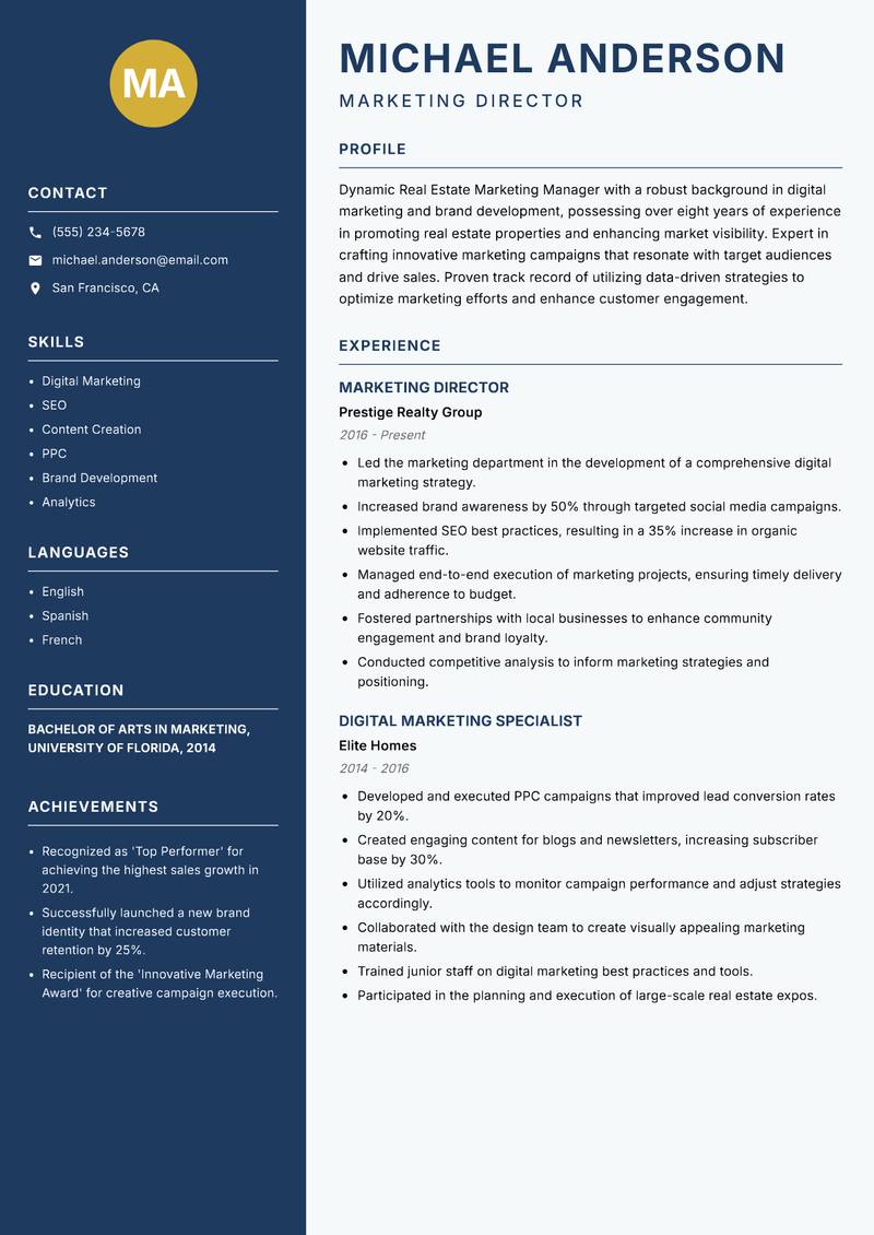 Real Estate Marketing Manager resume template — Classic Clean
