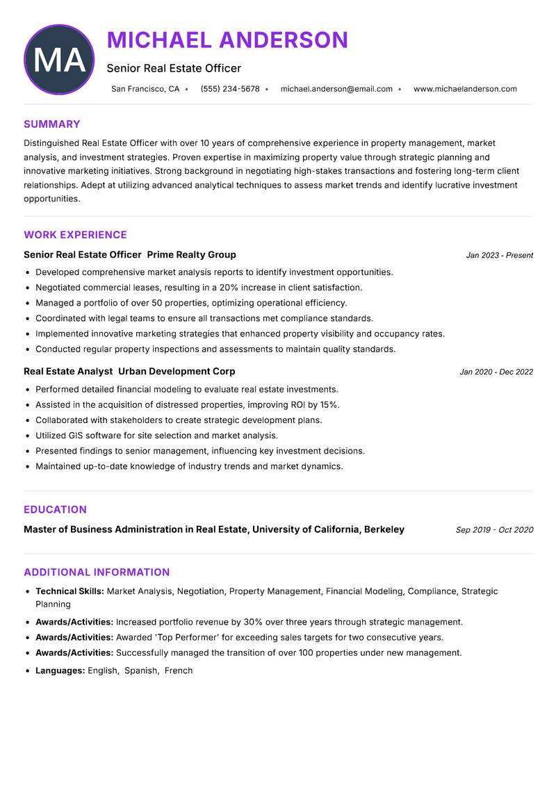 Real Estate Officer resume example — ATS-friendly template