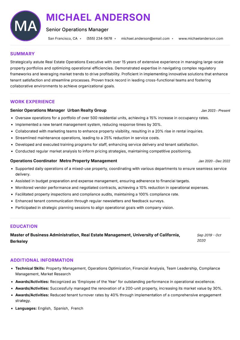 Real Estate Operations Executive resume example — ATS-friendly template