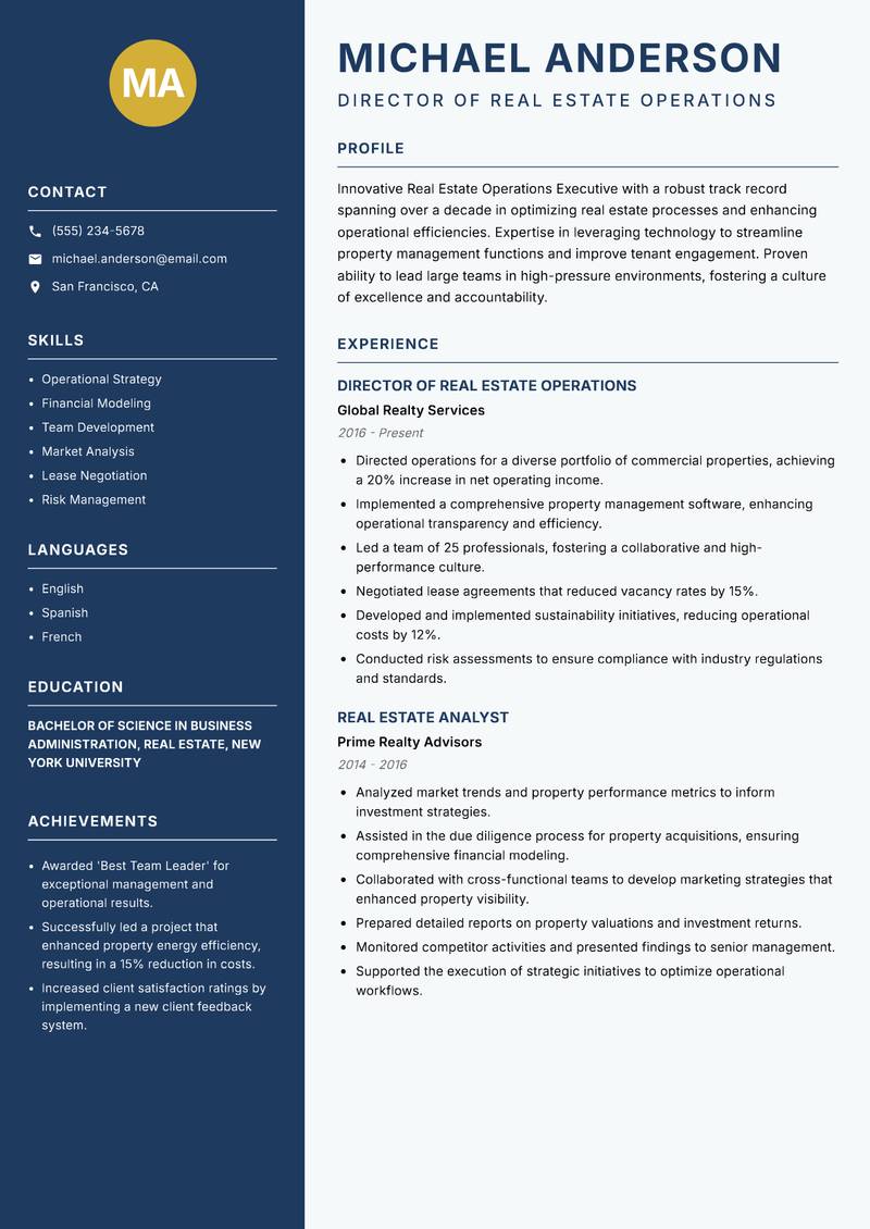 Real Estate Operations Executive resume template — Classic Clean